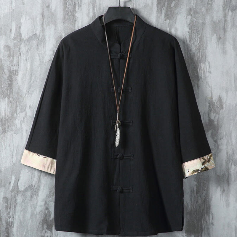 Buddha Stones夏用 カエルボタン パッチワーク 半袖デザイン コットンリネン メンズ シャツジャケット - 黒 - US/UK/AU46、 EU56 (5XL) - image 1