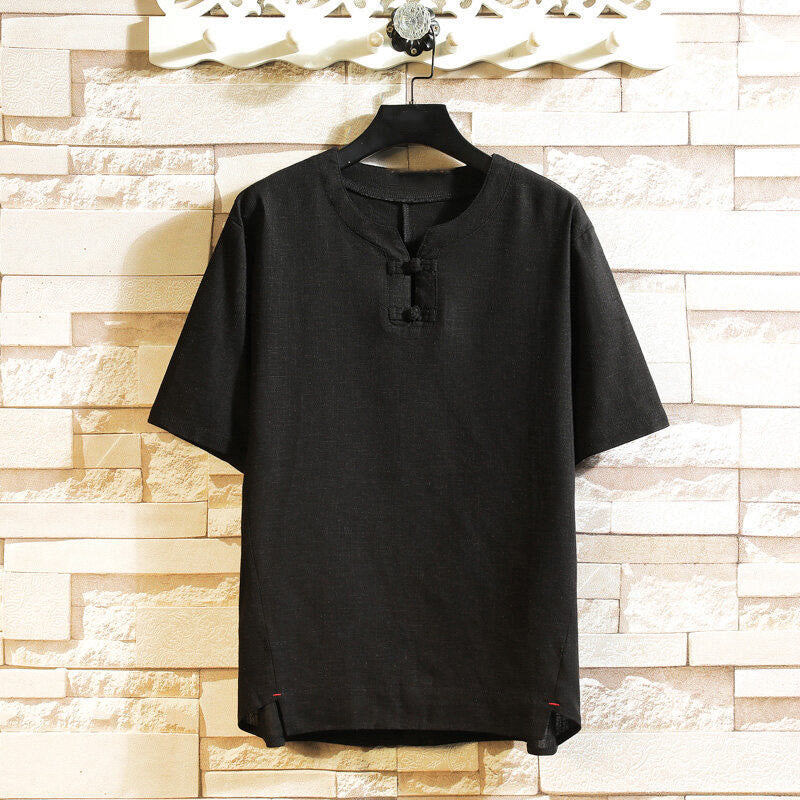 Buddha Stones夏 中国風 カエルボタン メンズ 無地 ボタン 半袖 コットン リネン シャツ - 黒 - US/UK/AU46、 EU56 (5XL) - image 1