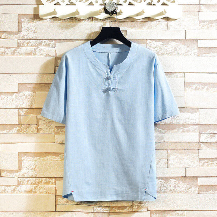 Buddha Stones夏 中国風 カエルボタン メンズ 無地 ボタン 半袖 コットン リネン シャツ - ライトスカイブルー - US/UK/AU46、 EU56 (5XL) - image 0