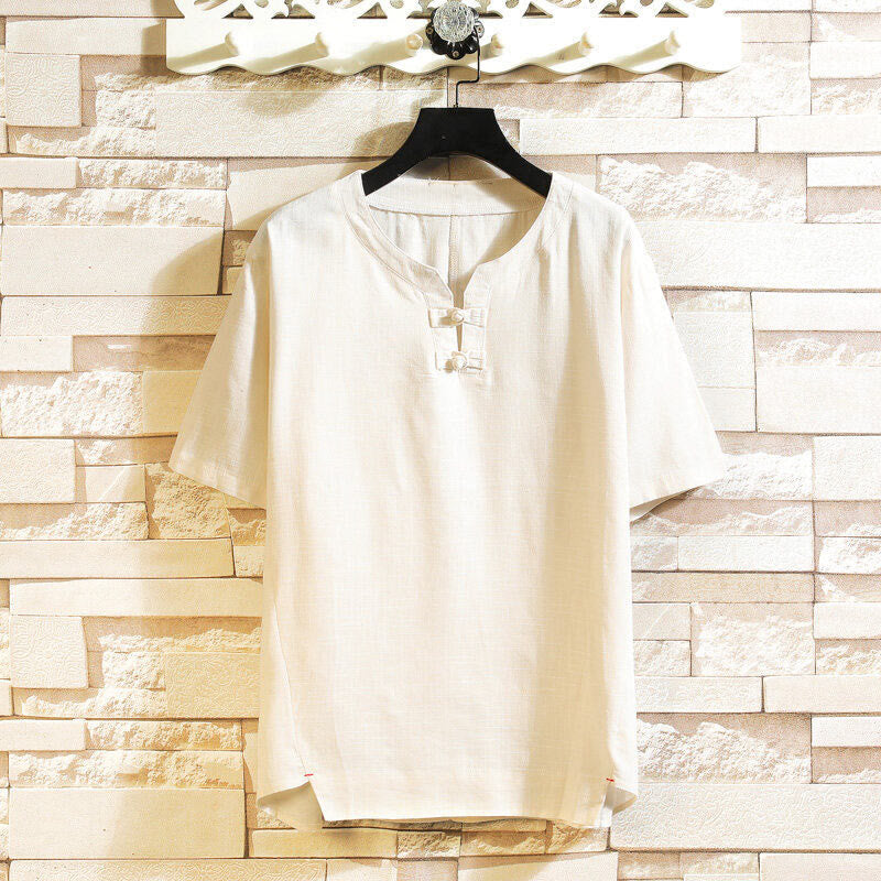 Buddha Stones夏 中国風 カエルボタン メンズ 無地 ボタン 半袖 コットン リネン シャツ - ベージュ - US/UK/AU46、 EU56 (5XL) - image 11