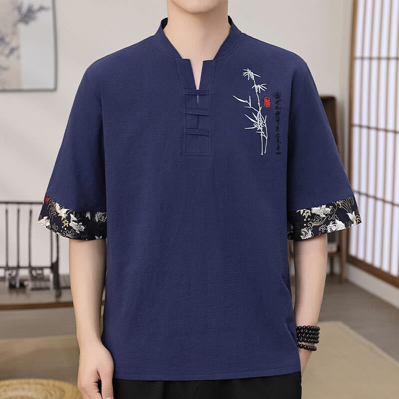 Buddha Stones夏 刺繍 竹柄 パッチワークデザイン メンズ 半袖 コットンリネン Tシャツ - ダークスレートブルー - US/UK/AU46、 EU56 (5XL) - image 4