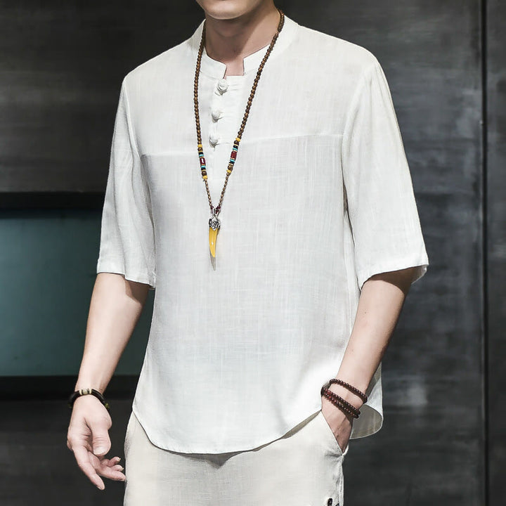 Buddha Stonesカジュアル ヴィンテージ 中国風 カエルボタン メンズ 半袖 コットン リネン Tシャツ - 白 - US/UK/AU46、 EU56 (5XL) - image 7