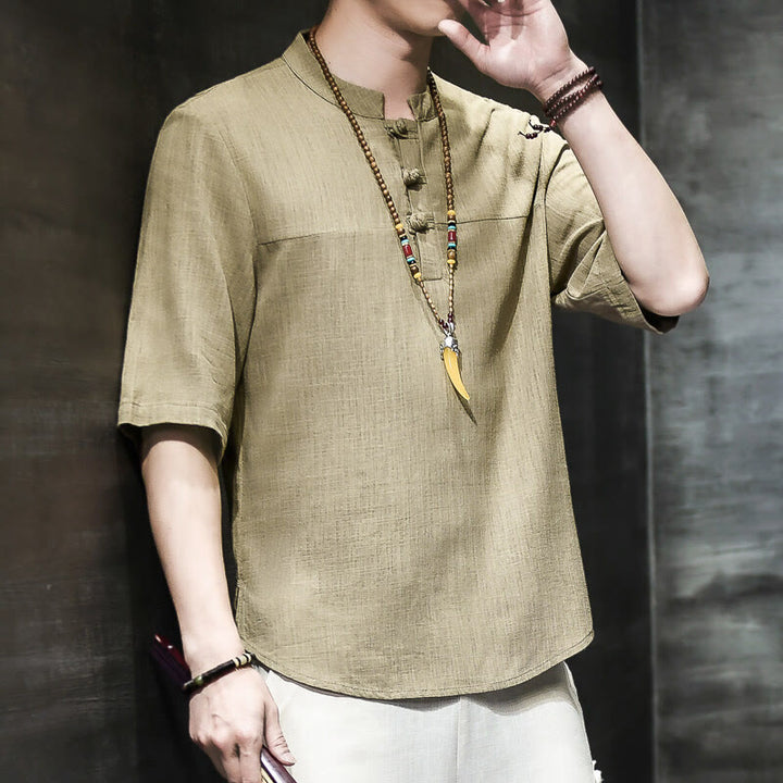 Buddha Stonesカジュアル ヴィンテージ 中国風 カエルボタン メンズ 半袖 コットン リネン Tシャツ - image 3