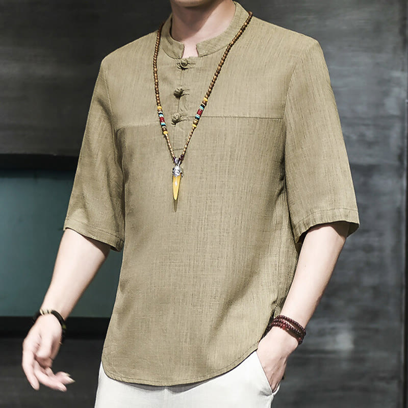 Buddha Stonesカジュアル ヴィンテージ 中国風 カエルボタン メンズ 半袖 コットン リネン Tシャツ - ダークカーキ - US/UK/AU46、 EU56 (5XL) - image 0