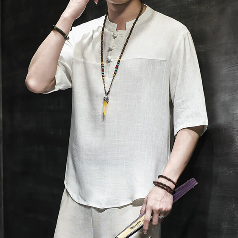 Buddha Stonesカジュアル ヴィンテージ 中国風 カエルボタン メンズ 半袖 コットン リネン Tシャツ - image 11