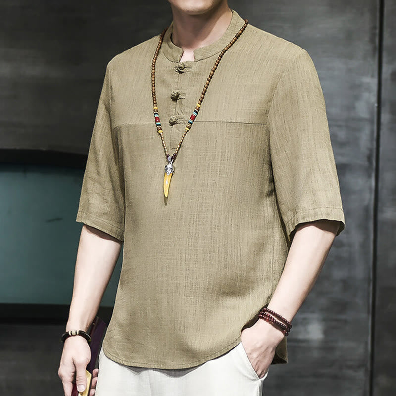 Buddha Stonesカジュアル ヴィンテージ 中国風 カエルボタン メンズ 半袖 コットン リネン Tシャツ - image 4