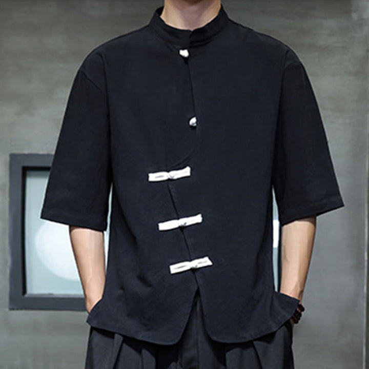 Buddha Stonesプレーンチャイニーズフロッグボタンスタンドカラーコットンリネンメンズハーフスリーブシャツ - image 1