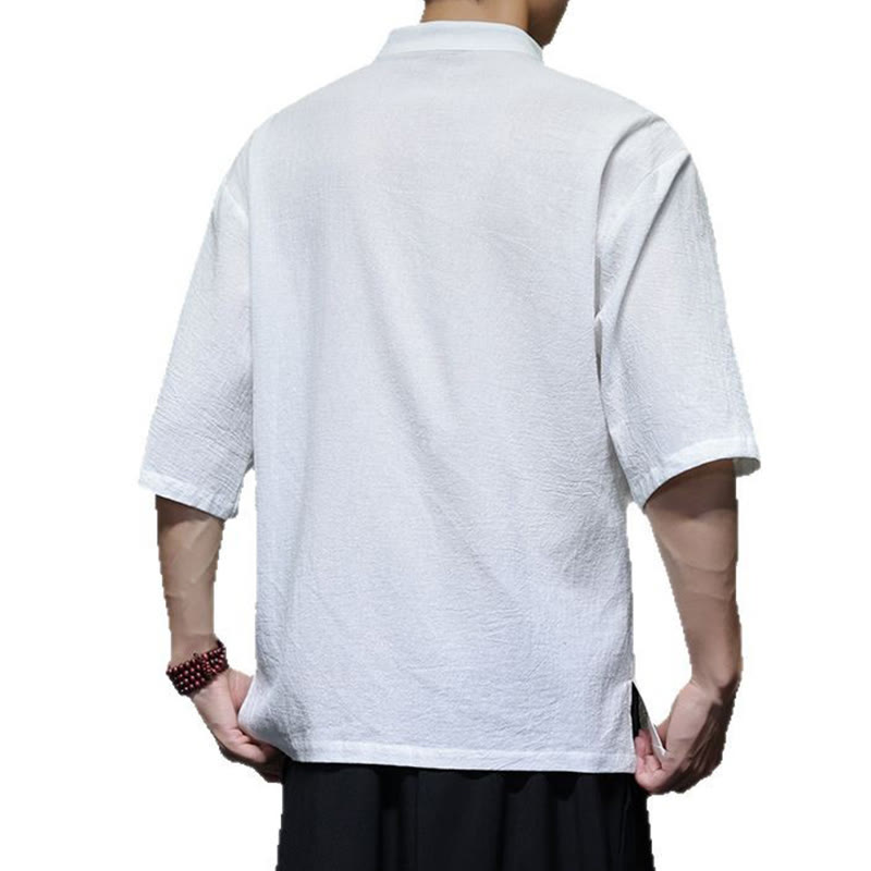 Buddha Stonesプレーンチャイニーズフロッグボタンスタンドカラーコットンリネンメンズハーフスリーブシャツ - image 13