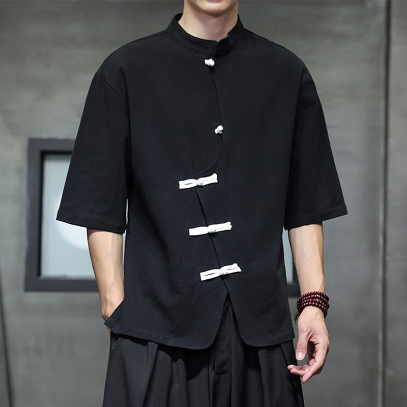 Buddha Stonesプレーンチャイニーズフロッグボタンスタンドカラーコットンリネンメンズハーフスリーブシャツ - image 5