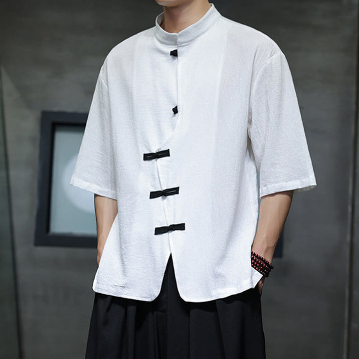 Buddha Stonesプレーンチャイニーズフロッグボタンスタンドカラーコットンリネンメンズハーフスリーブシャツ - image 8