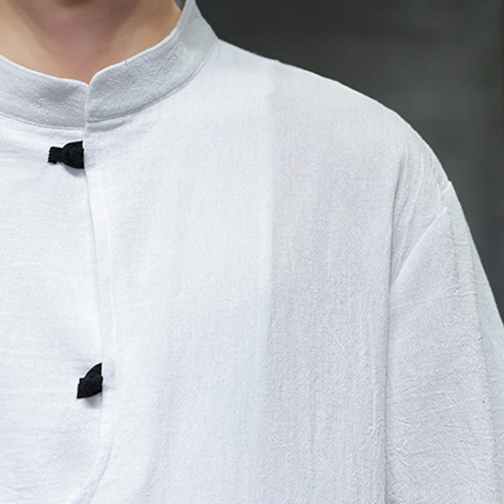 Buddha Stonesプレーンチャイニーズフロッグボタンスタンドカラーコットンリネンメンズハーフスリーブシャツ - image 10