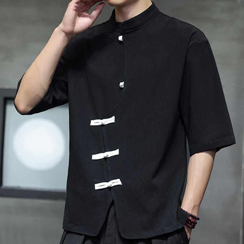 Buddha Stonesプレーンチャイニーズフロッグボタンスタンドカラーコットンリネンメンズハーフスリーブシャツ - image 2