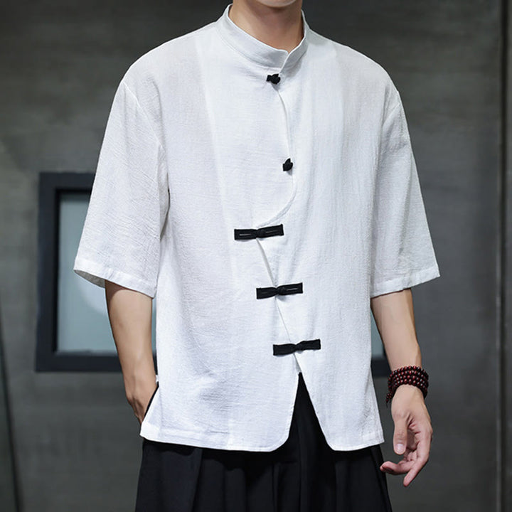 Buddha Stonesプレーンチャイニーズフロッグボタンスタンドカラーコットンリネンメンズハーフスリーブシャツ - 白 - US/UK/AU46、 EU56 (5XL) - image 7