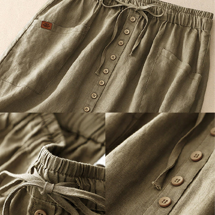 Buddha Stones春のレースアップボタンスリットデザインレディースコットンリネンスカート（ポケット付き） - image 3