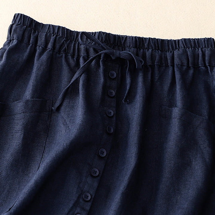 Buddha Stones春のレースアップボタンスリットデザインレディースコットンリネンスカート（ポケット付き） - image 5