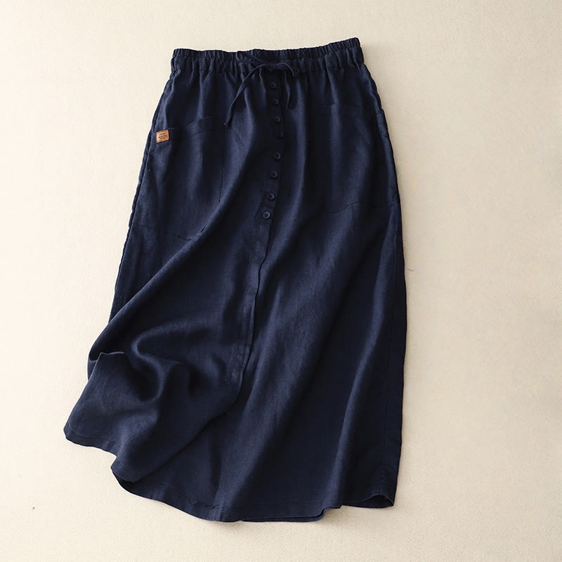 Buddha Stones春のレースアップボタンスリットデザインレディースコットンリネンスカート（ポケット付き） - ミッドナイトブルー - US8-10，UK/AU12-14，EU40-42 (2XL) - image 4