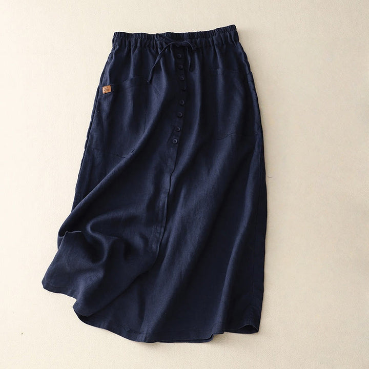 Buddha Stones春のレースアップボタンスリットデザインレディースコットンリネンスカート（ポケット付き） - ミッドナイトブルー - US8-10，UK/AU12-14，EU40-42 (2XL) - image 4