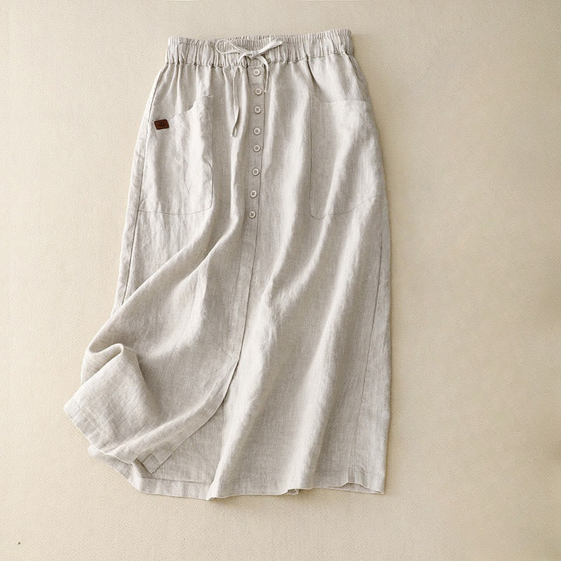 Buddha Stones春のレースアップボタンスリットデザインレディースコットンリネンスカート（ポケット付き） - ベージュ - US8-10，UK/AU12-14，EU40-42 (2XL) - image 0