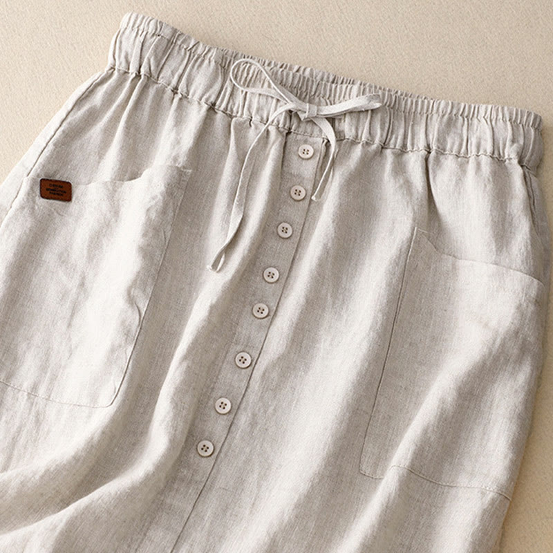 Buddha Stones春のレースアップボタンスリットデザインレディースコットンリネンスカート（ポケット付き） - image 1