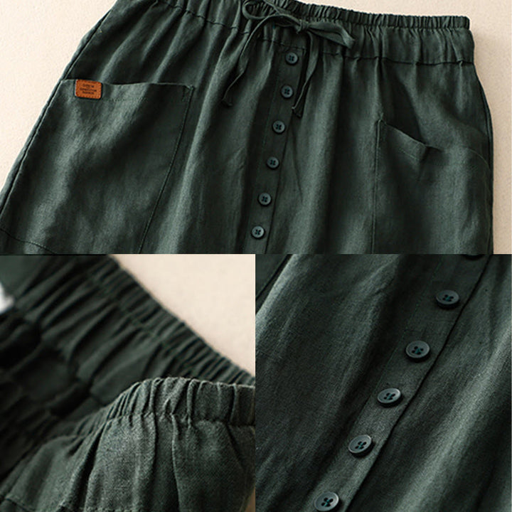 Buddha Stones春のレースアップボタンスリットデザインレディースコットンリネンスカート（ポケット付き） - image 8