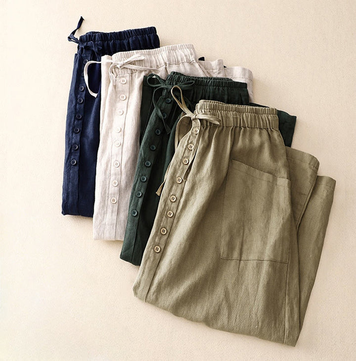 Buddha Stones春のレースアップボタンスリットデザインレディースコットンリネンスカート（ポケット付き） - image 9