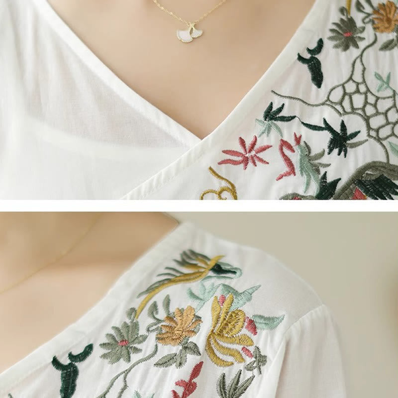 Buddha Stonesカジュアルカラフルな刺繍植物鳥柄レディースVネックデザイン半袖コットンTシャツ - image 10