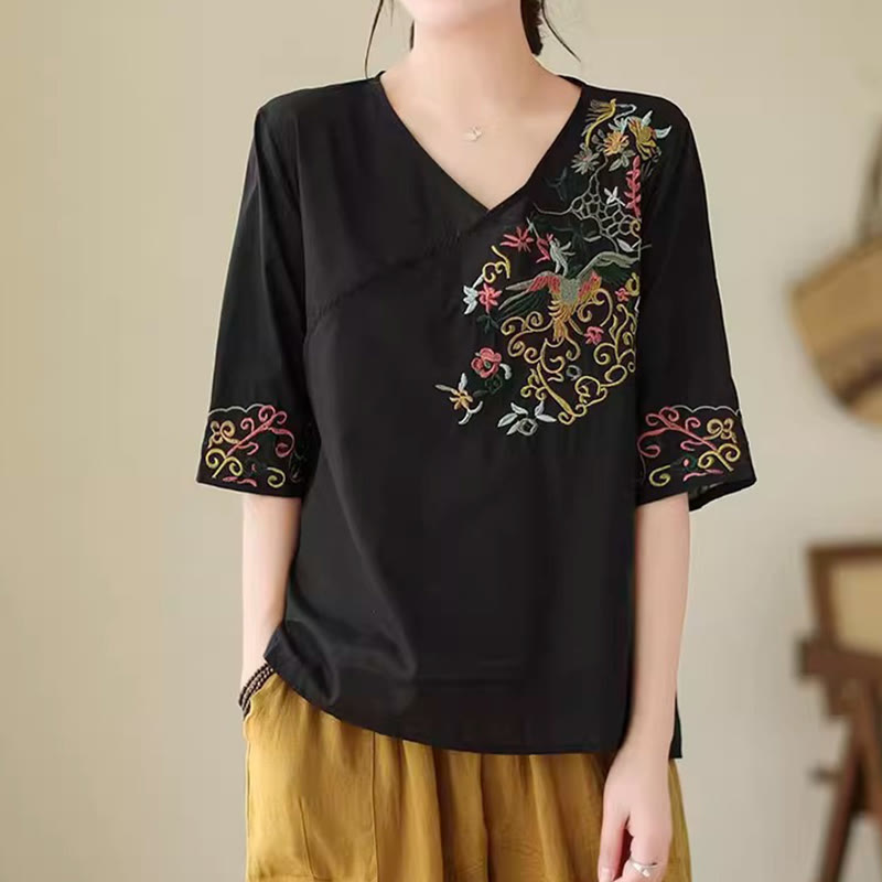 Buddha Stonesカジュアルカラフルな刺繍植物鳥柄レディースVネックデザイン半袖コットンTシャツ - image 13