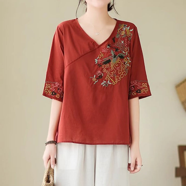 Buddha Stonesカジュアルカラフルな刺繍植物鳥柄レディースVネックデザイン半袖コットンTシャツ - 耐火レンガ - US12、 UK/AU16、 EU44 (3XL) - image 16