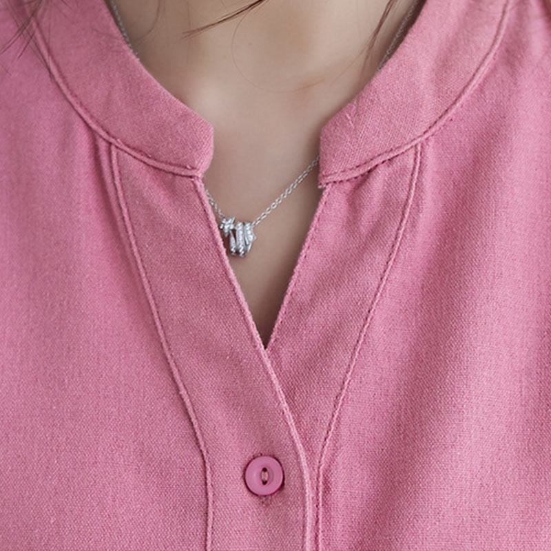 Buddha Stonesカジュアルデイリー ピュアカラー ボタンデザイン 半袖 コットンリネン ミディドレス ポケット付き - image 5