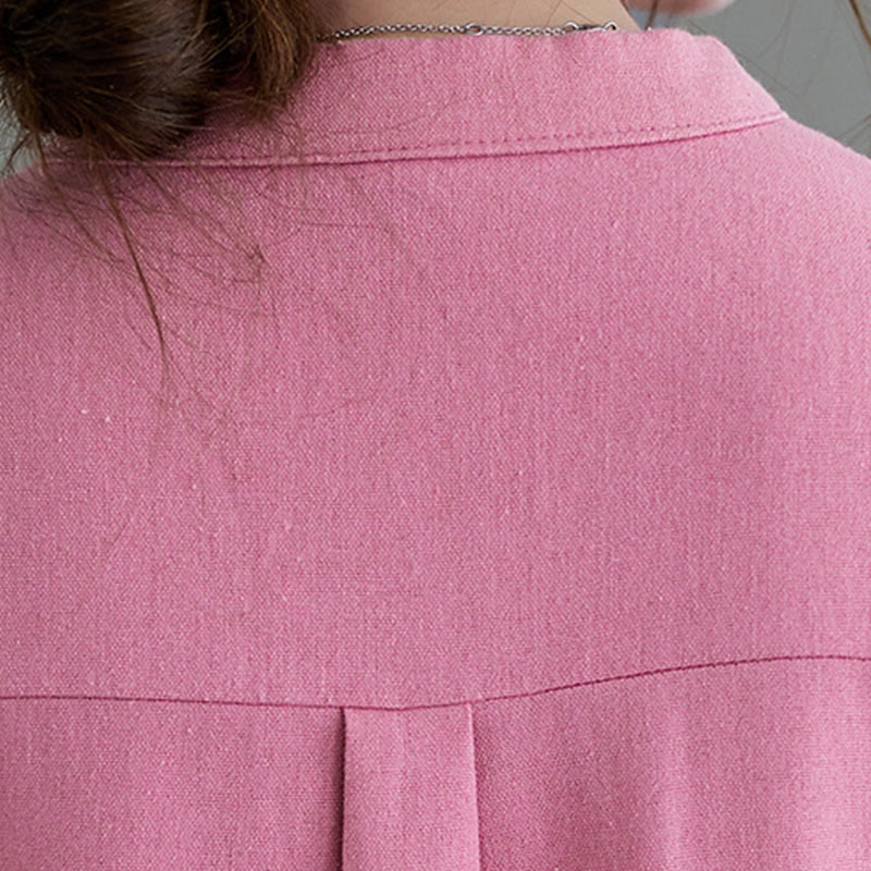 Buddha Stonesカジュアルデイリー ピュアカラー ボタンデザイン 半袖 コットンリネン ミディドレス ポケット付き - image 6