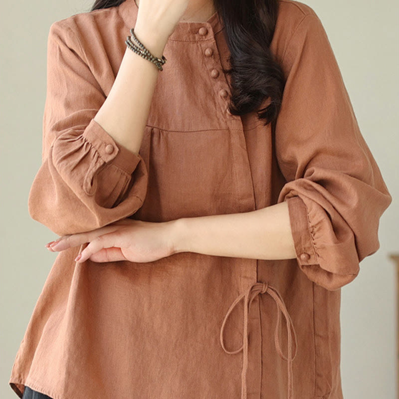 Buddha Stones秋 カジュアル 無地 スタンドカラー 長袖 コットンリネン レディース シャツ - image 2