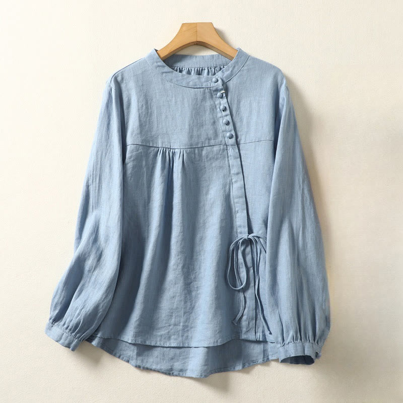 Buddha Stones秋 カジュアル 無地 スタンドカラー 長袖 コットンリネン レディース シャツ - image 8