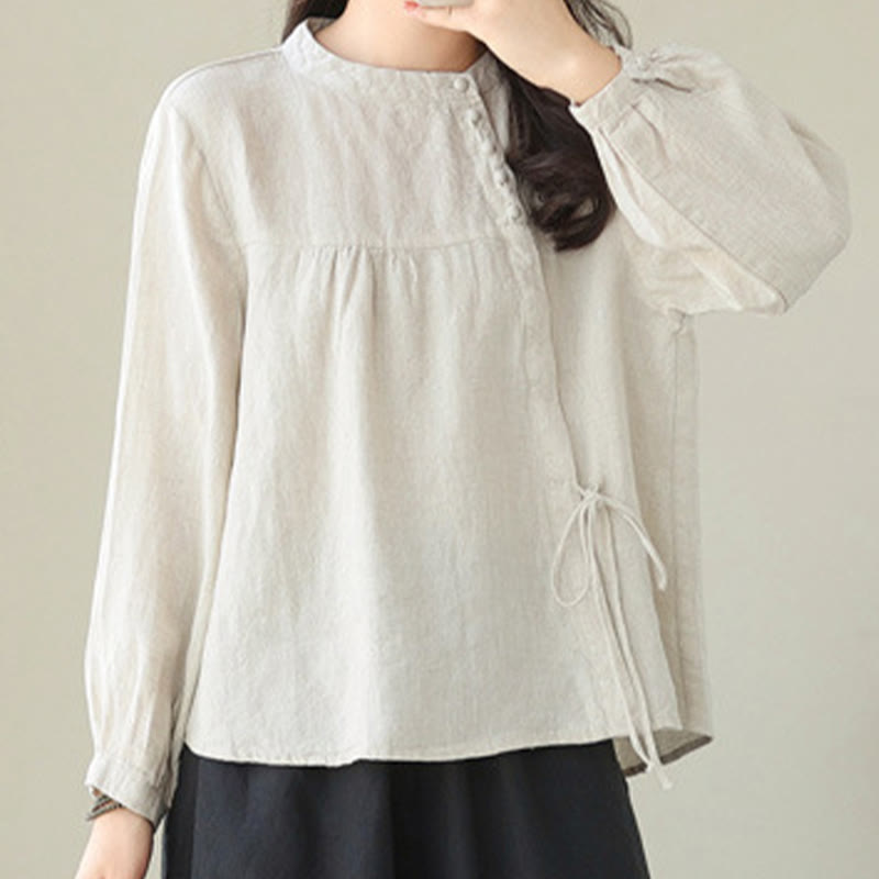 Buddha Stones秋 カジュアル 無地 スタンドカラー 長袖 コットンリネン レディース シャツ - リネン - US8-10，UK/AU12-14，EU40-42 (2XL) - image 14