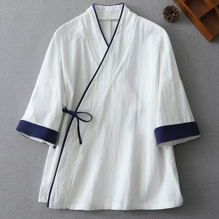 Buddha Stonesカジュアルカラーステッチ Vネック 七分袖 禅コットンリネン レディースシャツ - 白 - US8-10，UK/AU12-14，EU40-42 (2XL) - image 5