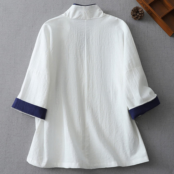 Buddha Stonesカジュアルカラーステッチ Vネック 七分袖 禅コットンリネン レディースシャツ - image 6