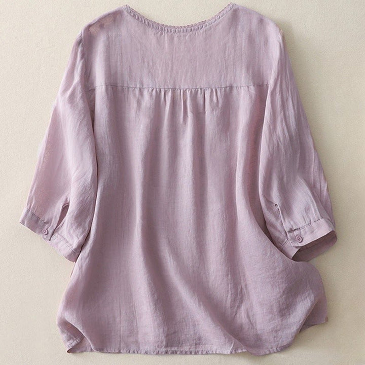 Buddha Stonesカジュアル シューティングスター 刺繍 Vネック 半袖 コットンリネン レディース シャツ - image 2