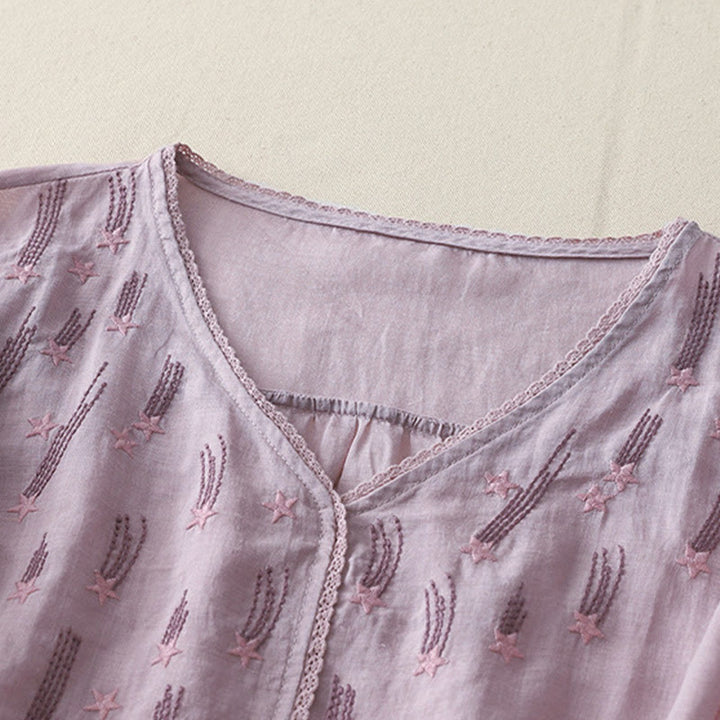 Buddha Stonesカジュアル シューティングスター 刺繍 Vネック 半袖 コットンリネン レディース シャツ - image 1