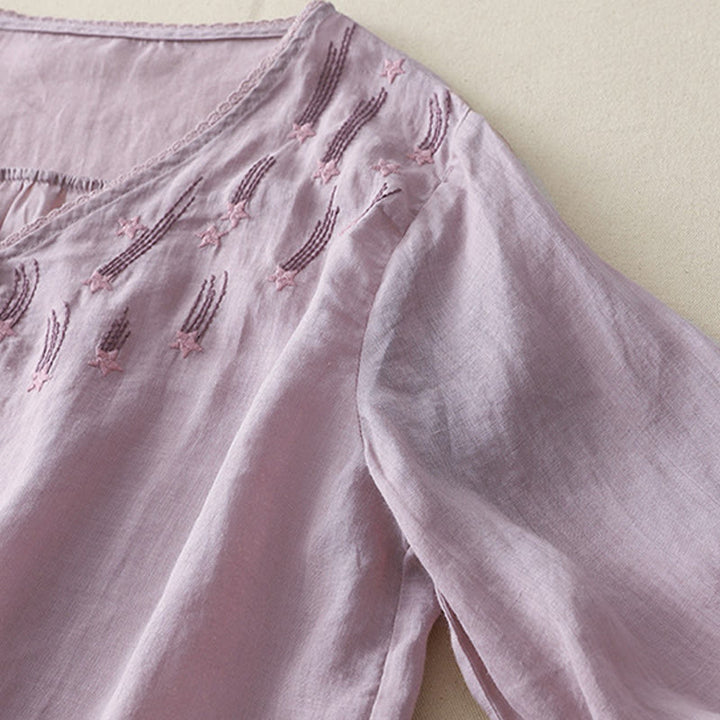 Buddha Stonesカジュアル シューティングスター 刺繍 Vネック 半袖 コットンリネン レディース シャツ - image 8