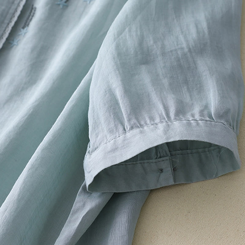 Buddha Stonesカジュアル シューティングスター 刺繍 Vネック 半袖 コットンリネン レディース シャツ - image 22