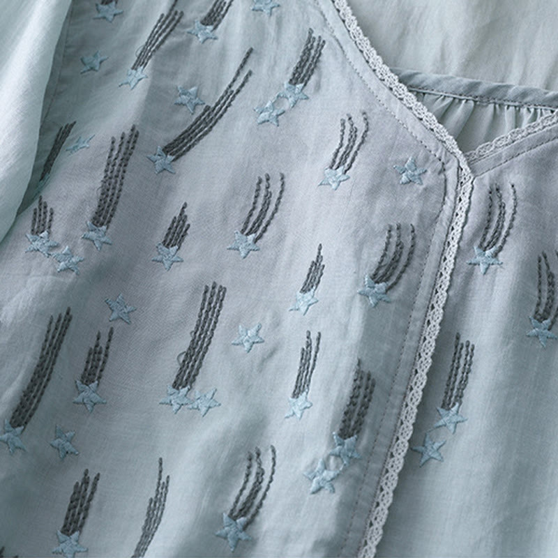 Buddha Stonesカジュアル シューティングスター 刺繍 Vネック 半袖 コットンリネン レディース シャツ - image 21