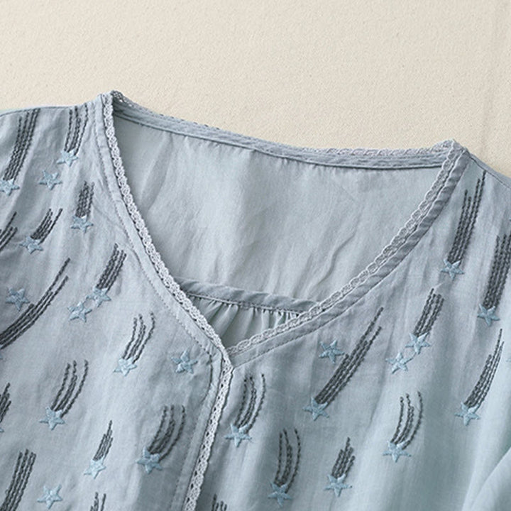 Buddha Stonesカジュアル シューティングスター 刺繍 Vネック 半袖 コットンリネン レディース シャツ - image 20