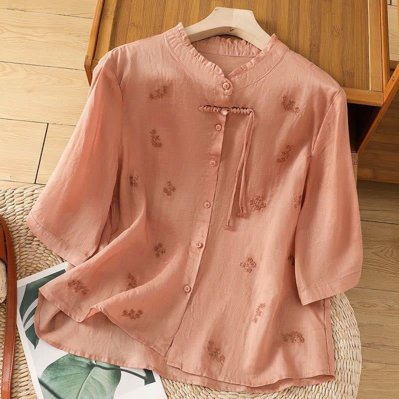 Buddha Stonesカジュアル 刺繍 花 ボタン 七分袖 コットン レディース シャツ - ライトサーモン - US12、 UK/AU16、 EU44 (3XL) - image 10