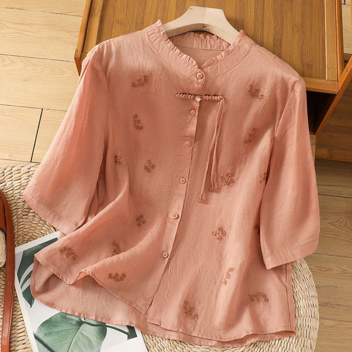 Buddha Stonesカジュアル 刺繍 花 ボタン 七分袖 コットン レディース シャツ - ライトサーモン - US12、 UK/AU16、 EU44 (3XL) - image 10