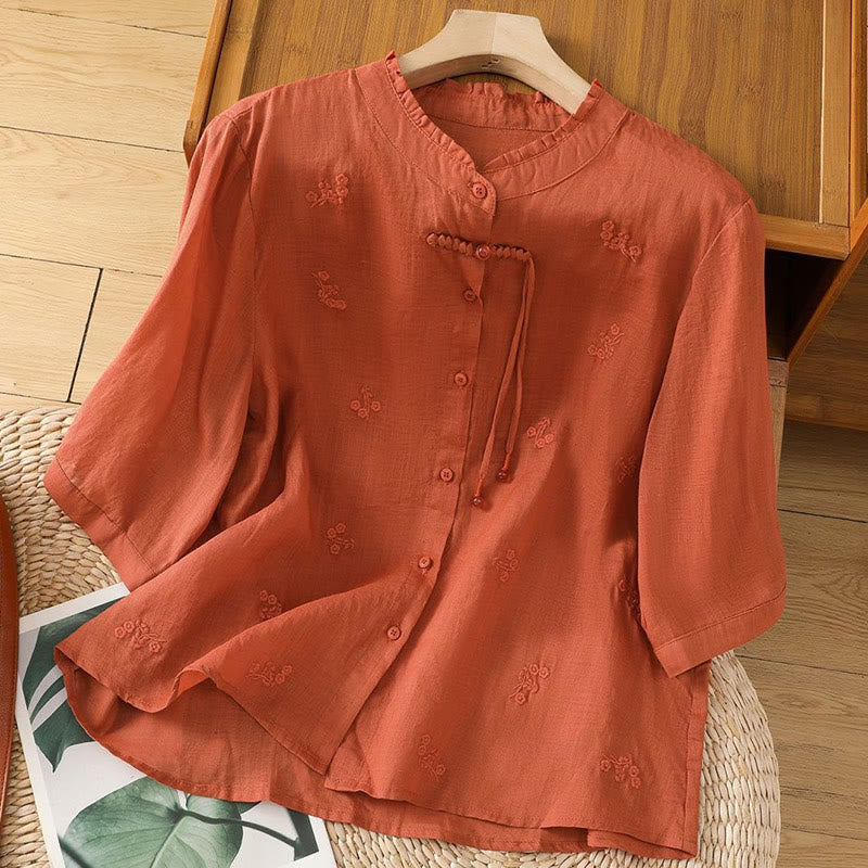 Buddha Stonesカジュアル 刺繍 花 ボタン 七分袖 コットン レディース シャツ - チョコレート - US12、 UK/AU16、 EU44 (3XL) - image 13