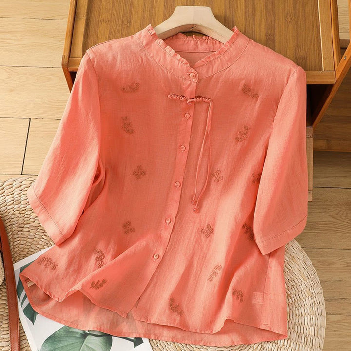 Buddha Stonesカジュアル 刺繍 花 ボタン 七分袖 コットン レディース シャツ - コーラル - US12、 UK/AU16、 EU44 (3XL) - image 9