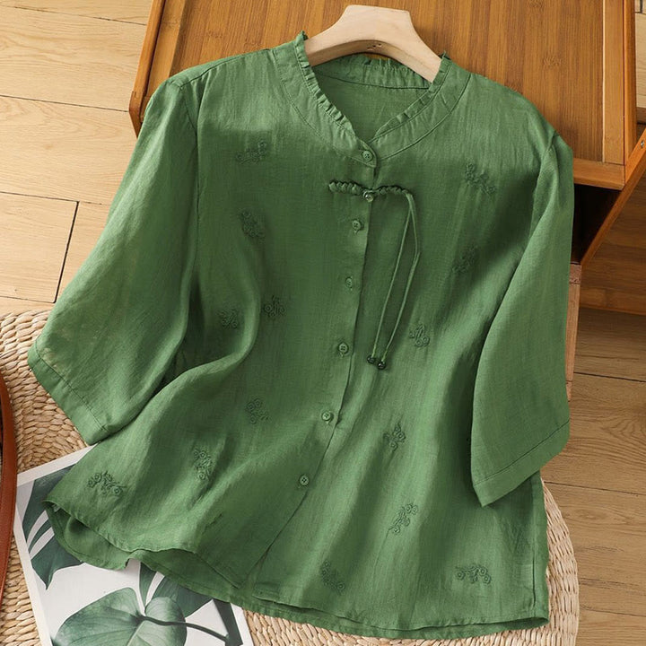 Buddha Stonesカジュアル 刺繍 花 ボタン 七分袖 コットン レディース シャツ - シーグリーン - US12、 UK/AU16、 EU44 (3XL) - image 11