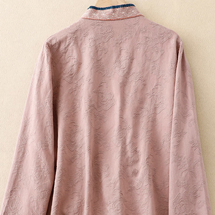 Buddha Stones刺繍の花と草のカエルボタンの長袖コットンレディースシャツ - image 8