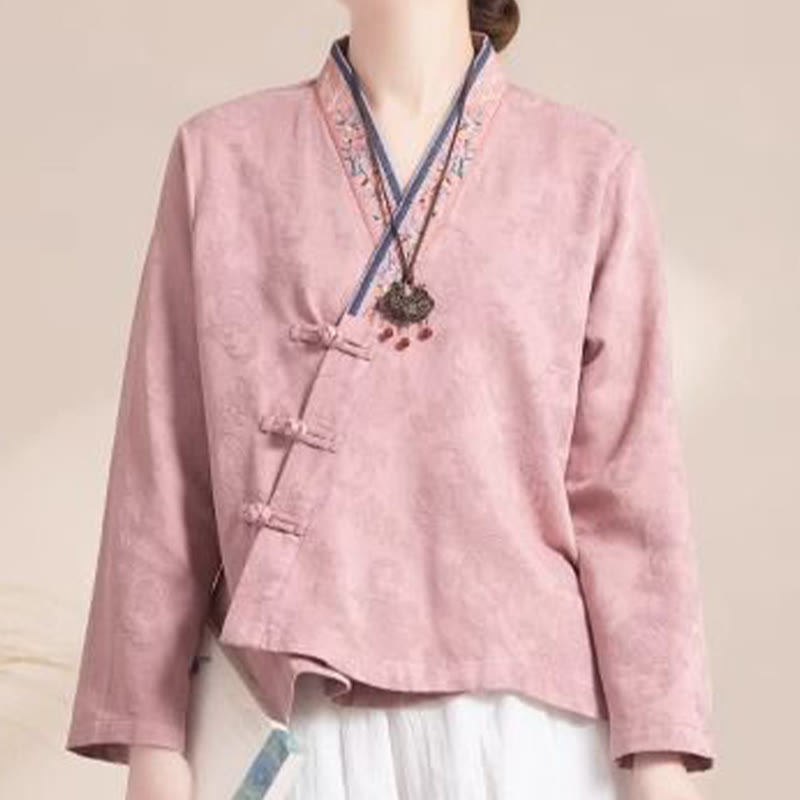 Buddha Stones刺繍の花と草のカエルボタンの長袖コットンレディースシャツ - image 5