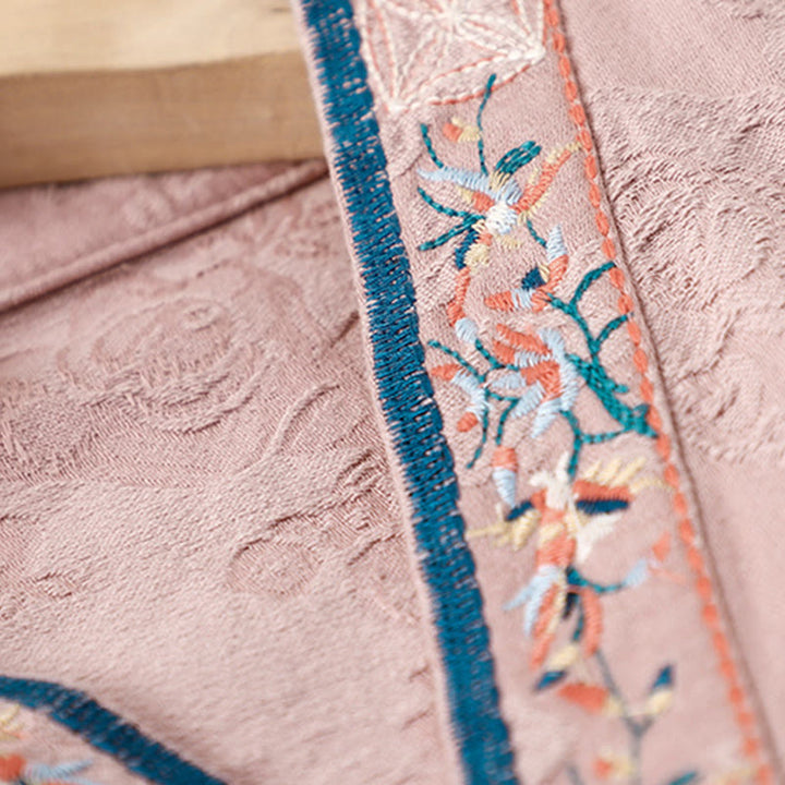 Buddha Stones刺繍の花と草のカエルボタンの長袖コットンレディースシャツ - image 12