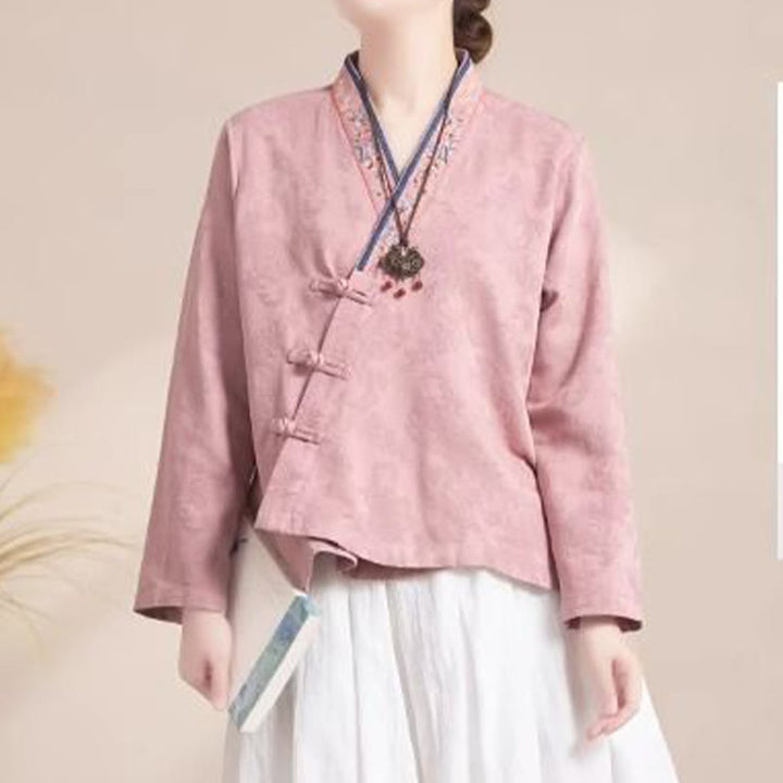 Buddha Stones刺繍の花と草のカエルボタンの長袖コットンレディースシャツ - image 2